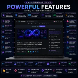 Custom Blogger Template — premium dark mode theme with 16 color options, AdSense ad slots, SafeLink system, and full SEO schema